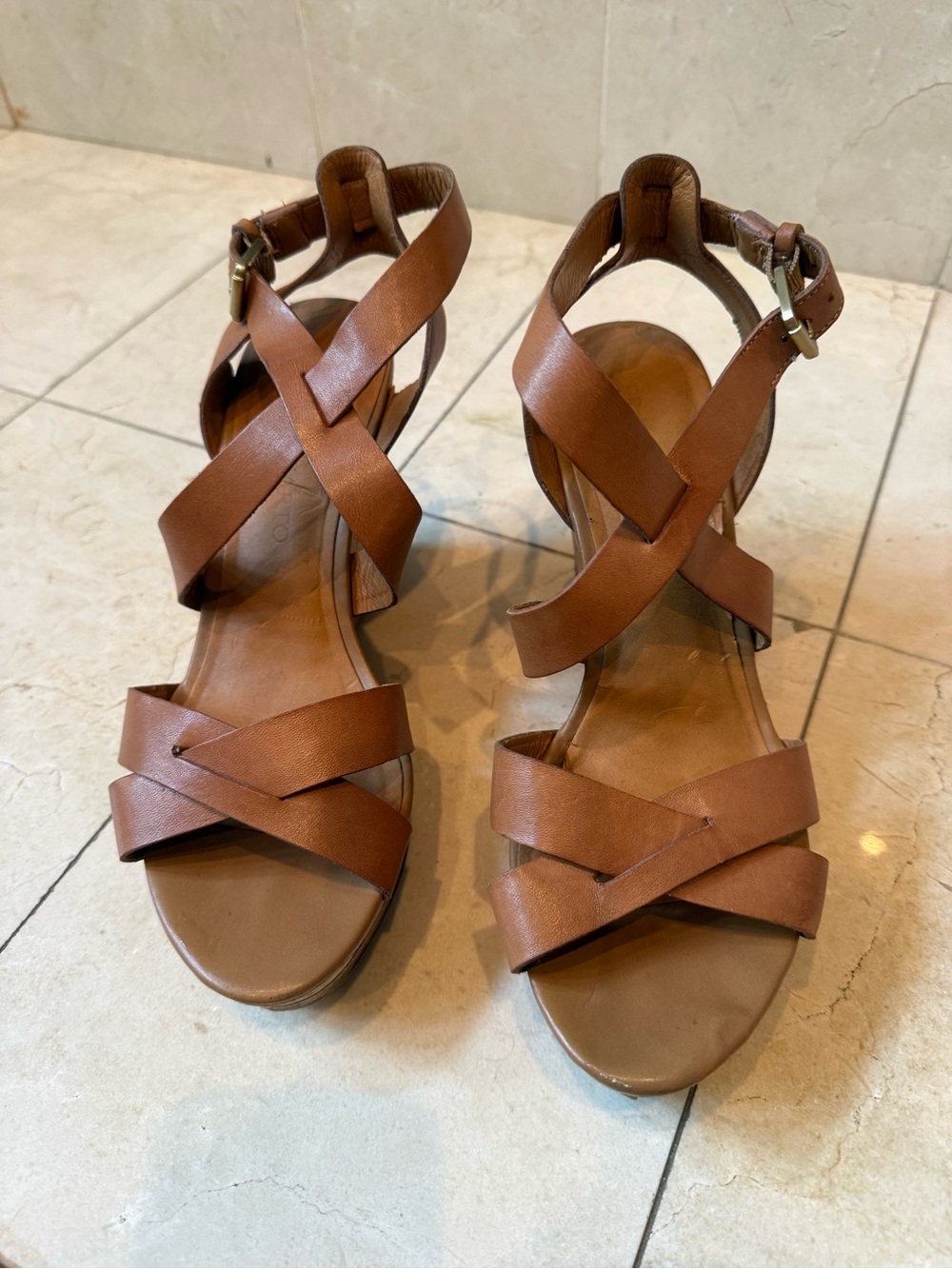 Franco Sarto Tan Brown Leather Crisscross Ankle Strap Sandals